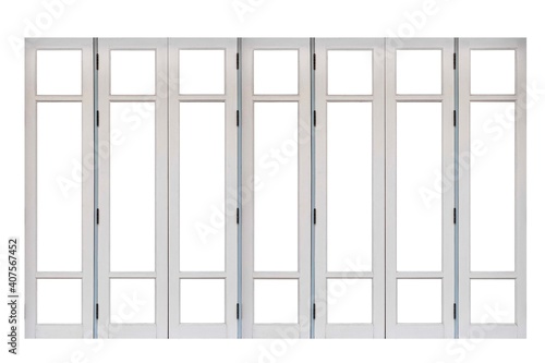 Vintage white hinged wooden door isolated on a white background