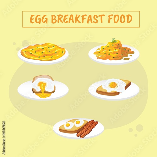 Breakfast Plate With Poached egg, Omelette, Scrambled egg, Boiled egg, sunny side, toast, bread and bacon food vector design.