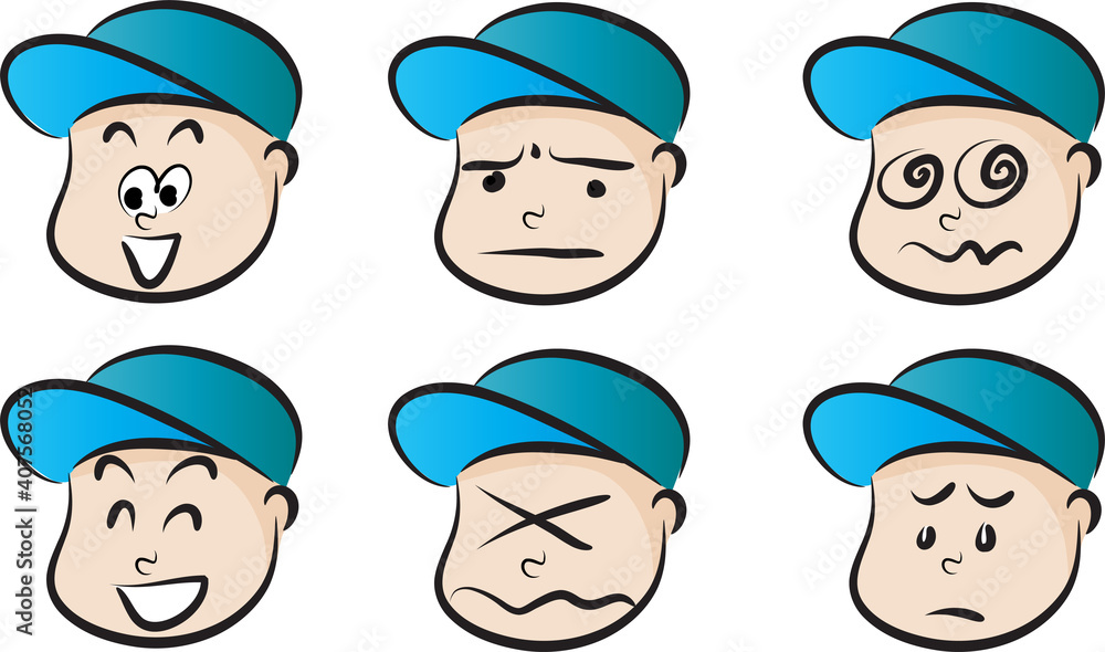 vector cartoon boy with cap emoji face set vector cartoon boy with cap emoji face set