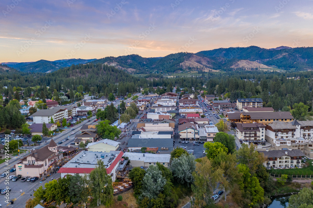 view of mountain town from drone