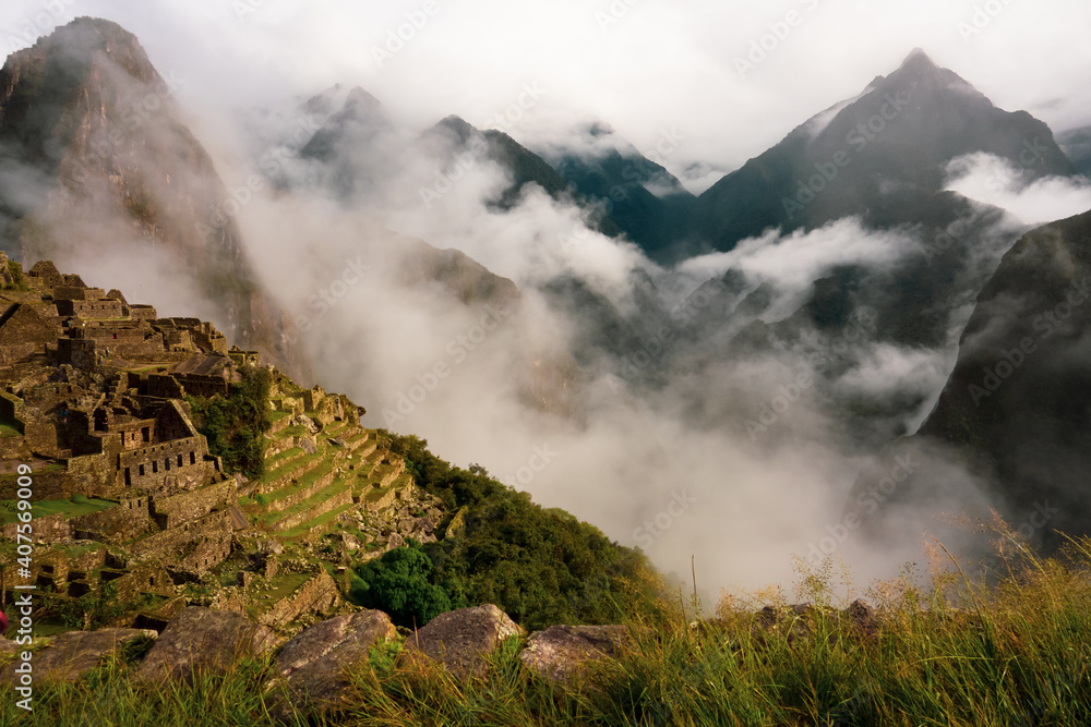 Lush mountain landscape cloaked in clouds