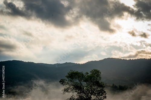 Magia, mañana y niebla matutina sobre el campo