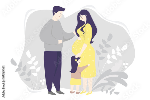 Motherhood. family vector flat - Happy pregnant woman in a yellow dress, gently hugs her belly. Next to her is a little daughter and a husband on a gray background with plants. Vector illustration