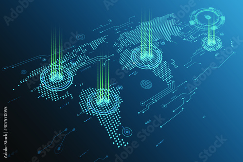 Vector fingerprint scanning symbol and electronic circuit protection on blue screen with map world, login security for technology background.