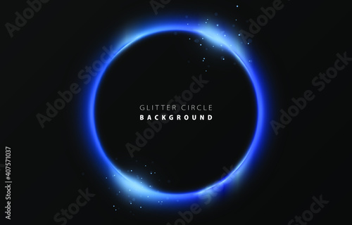 Glitter blue neon circle ring frame & sparkle flash light star shimmer vector on black background, shiny glowing metal blued steel round line planet curve, futuristic web poster card print template