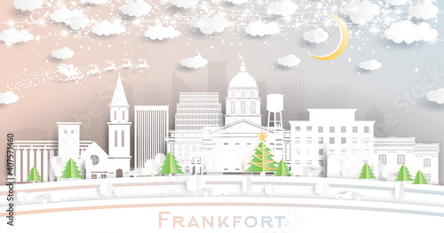 Frankfort Kentucky USA City Skyline in Paper Cut Style with Snowflakes, Moon and Neon Garland.