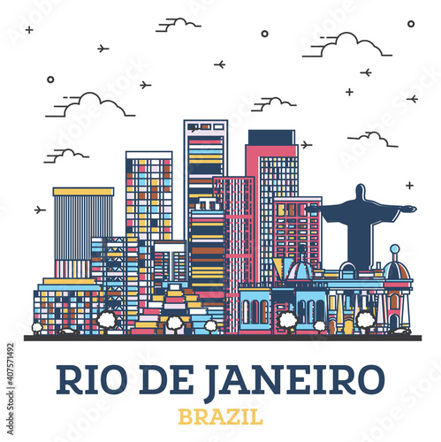 Outline Rio de Janeiro Brazil City Skyline with Colored Modern Buildings Isolated on White.