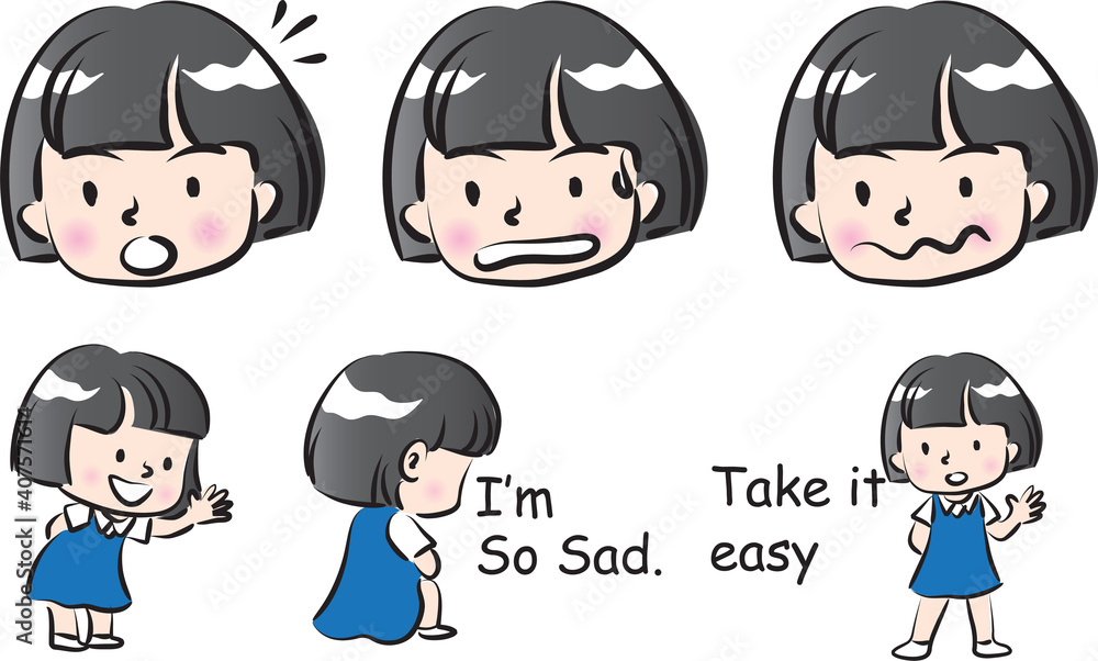 vector cartoon school girl emoji life action set