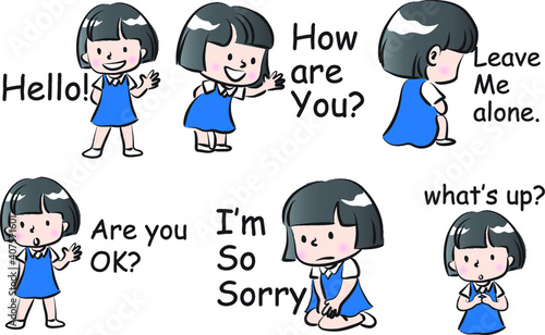 vector cartoon girl emoji life action set
