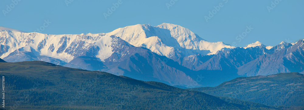 Mountain peaks in the morning, mountain panorama, Altai