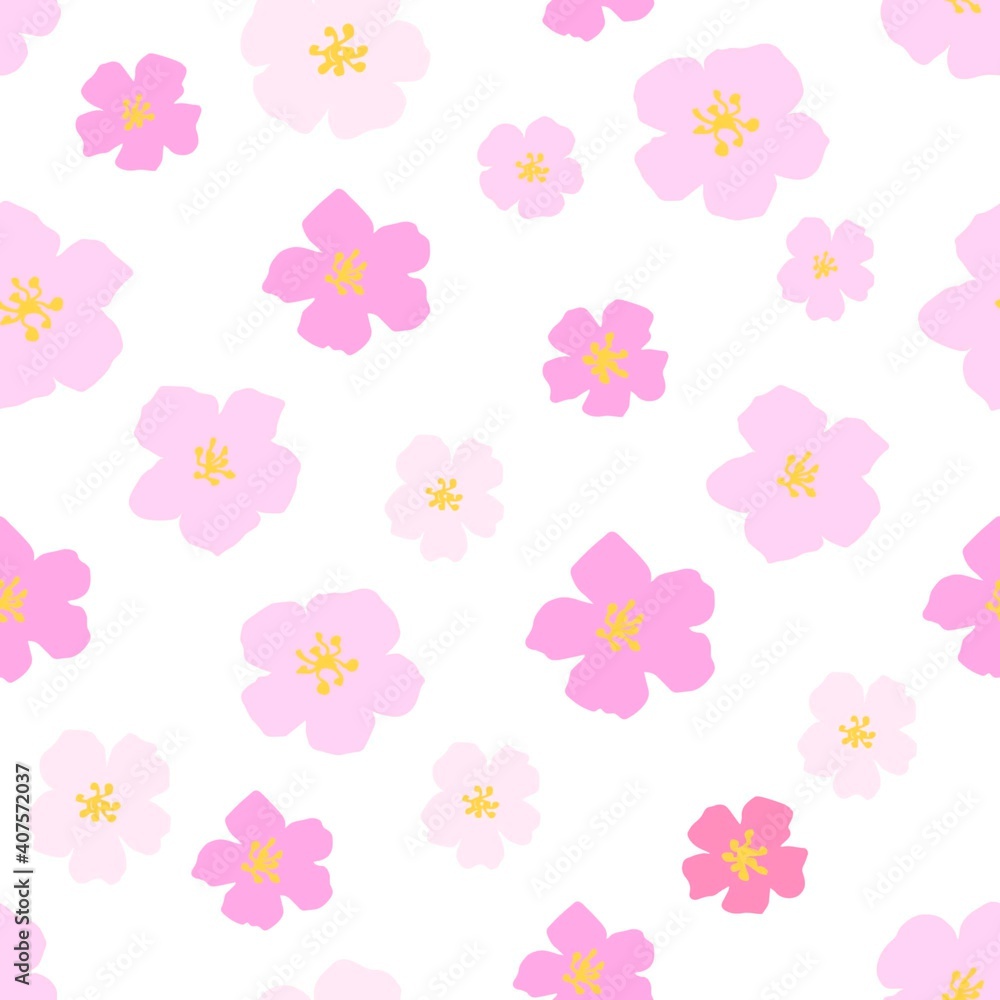 Delicate calm floral vector seamless pattern. Light pink sakura flowers on a white background. For fabric prints, textile products, stationery, spring seasonal design. Delicate calm floral vector seamless pattern. Light pink sakura flowers on a white background. For fabric prints, textile products, stationery, spring seasonal design.