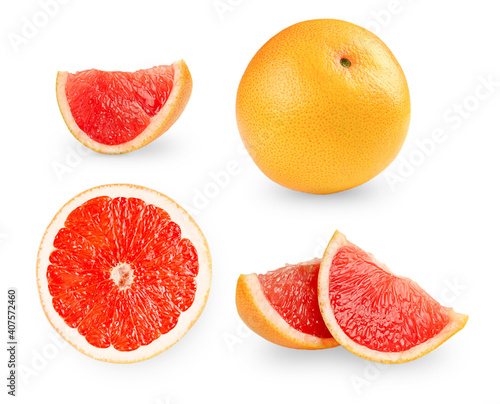 Grapefruit isolated on white background. Four slices of fruits, whole fruit.