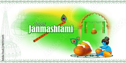 vector illustration for Indian festival Janmashtami  birth of lord Krishna  Hindu god   butter pots  flute on colorful abstract background 