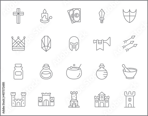 Set of magic and witch line style. It contains such Icons as castle, fairy tale, fantasy, alchemy, wizardry, enchantment and other elements. customize color, easy resize. 