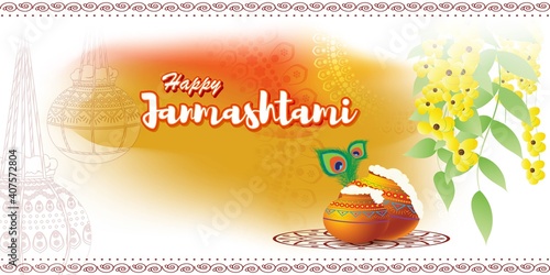 vector illustration for Indian festival Janmashtami, birth of lord Krishna (Hindu god), butter pots, flute on colorful abstract background 