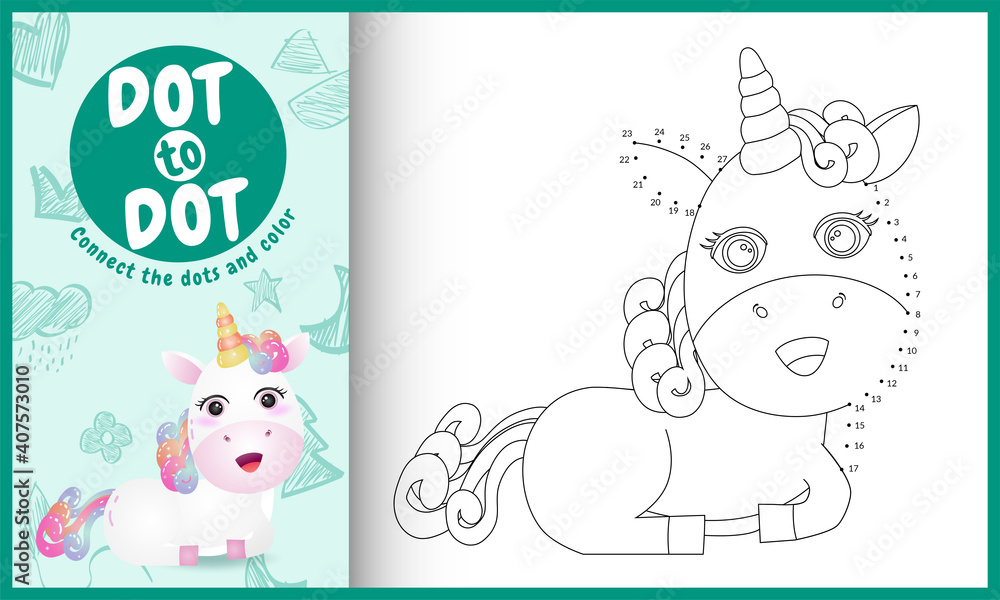 Fototapeta premium Connect the dots kids game and coloring page with a cute unicorn character illustration