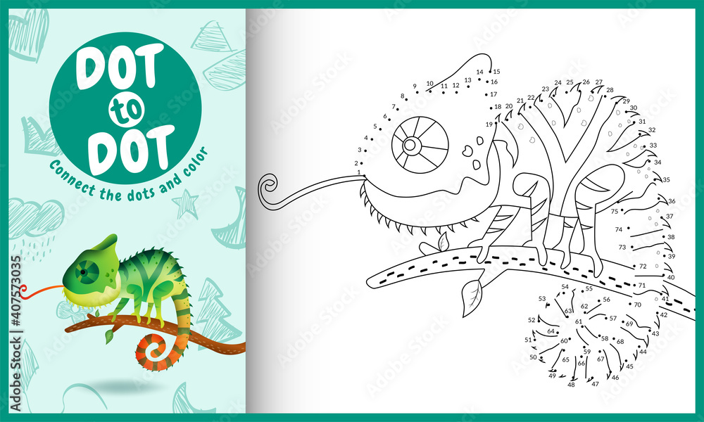Connect the dots kids game and coloring page with a cute chameleon character illustration Connect the dots kids game and coloring page with a cute chameleon character illustration