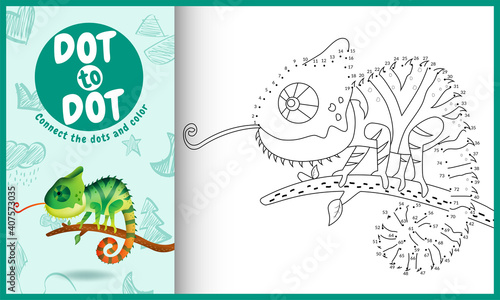 Connect the dots kids game and coloring page with a cute chameleon character illustration
