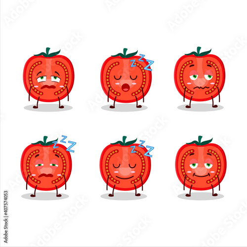 Cartoon character of slice of tomato with sleepy expression