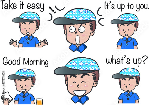 vector cartoon boy with cap life emoji action set