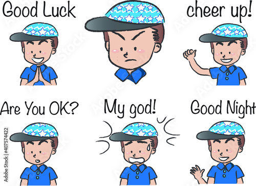 vector cartoon boy with cap life emoji action set