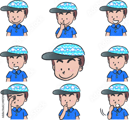 vector cartoon boy with cap life emoji action set