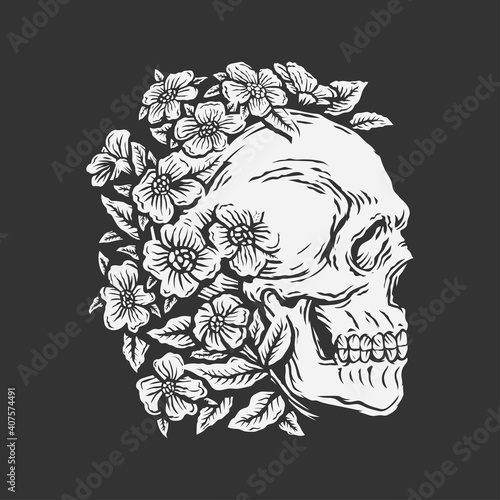 hand drawing skull surrounded by rose flower vector illustration