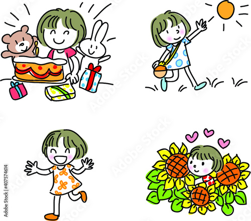 vector cartoon girl life emoji action set