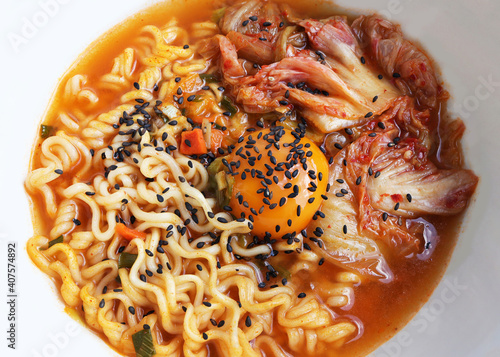 Korean instant noodles with kimchi and egg, Homemade korean cuisine. photo