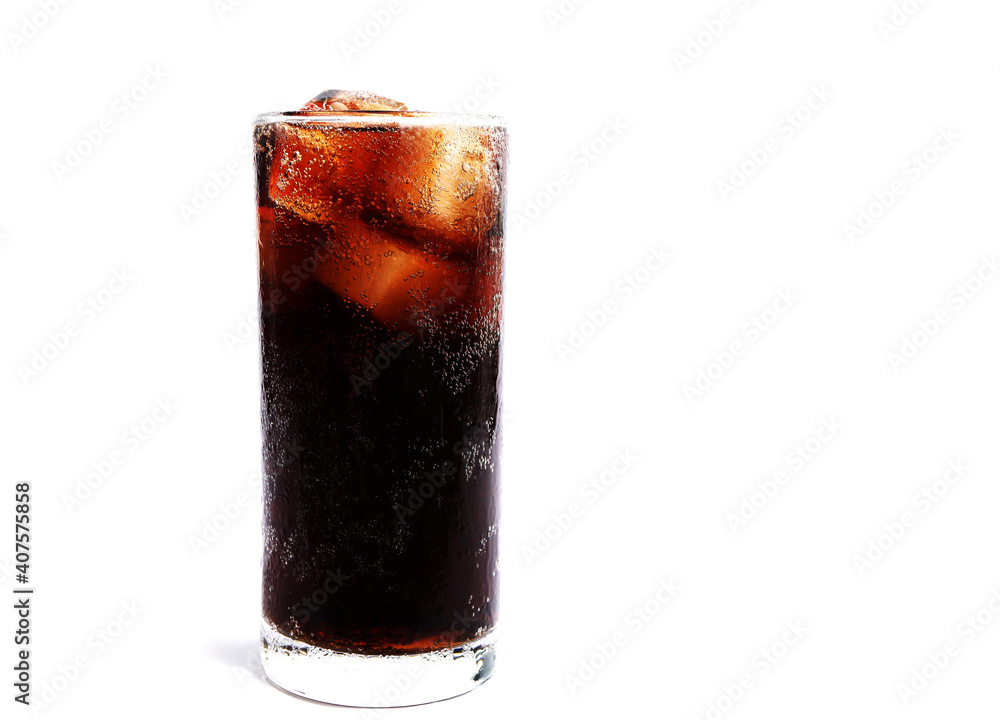 Close up view of the ice cubes in dark cola background. Texture of ...