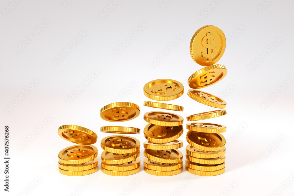 Falling gold coins money, business banking and financial concept. 3d render.