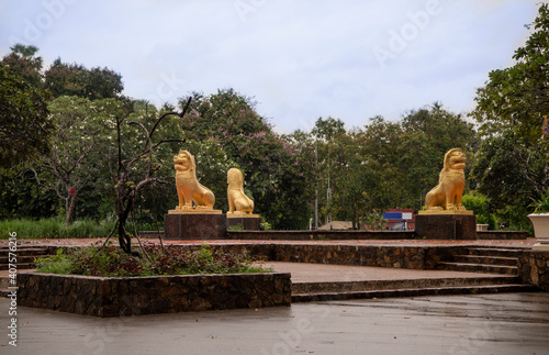 Golden lions in the park near the royal summer cottage.