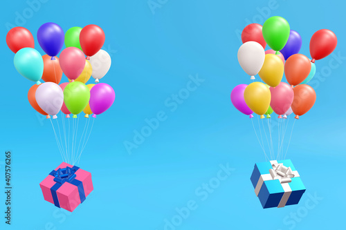 Gift box or present box with blue ribbon floating by balloons on blue pastel background  3D rendering.