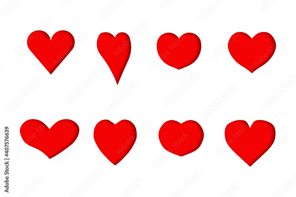 red hearts 3D shapes have light shadows style convex on paper white background, hand draw shape symbol love, vector design elements isolated valentine day or mother day, copy text card, illustration red hearts 3D shapes have light shadows style convex on paper white background, hand draw shape symbol love, vector design elements isolated valentine day or mother day, copy text card, illustration