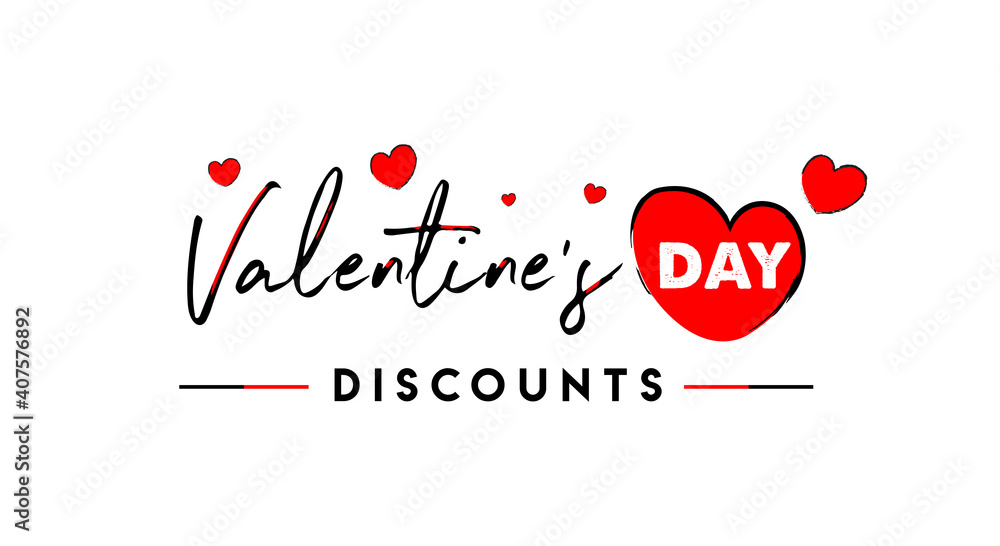 Happy Valentine's Day Discounts, brush stroke calligraphy Logo Concept, Sale Template, Banner, Design, Offer Icon, Poster, Unit, Label, Web Header, Mnemonic with red hearts - Vector, Illustration Happy Valentine's Day Discounts, brush stroke calligraphy Logo Concept, Sale Template, Banner, Design, Offer Icon, Poster, Unit, Label, Web Header, Mnemonic with red hearts - Vector, Illustration
