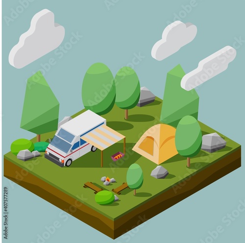 Isometric low polygon style of a camping site with a camper van in a forest. Vector illustration EPS10.