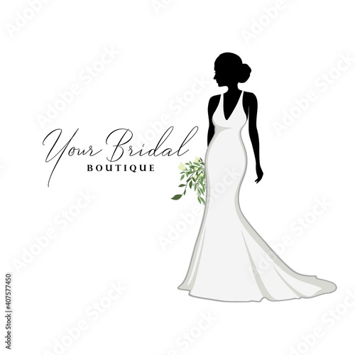 Beautiful Bride Dresses with Bouquet Flower  Bridal Boutique Logo  Bridesmaid Dresses Logo Vector Design Template