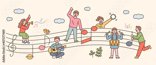 People sit on sheet music and sing and play musical instruments. flat design style minimal vector illustration.