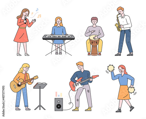 Young musicians playing various instruments such as keyboard, tambourine, trumpet, djembe, guitar flat design style minimal vector illustration.