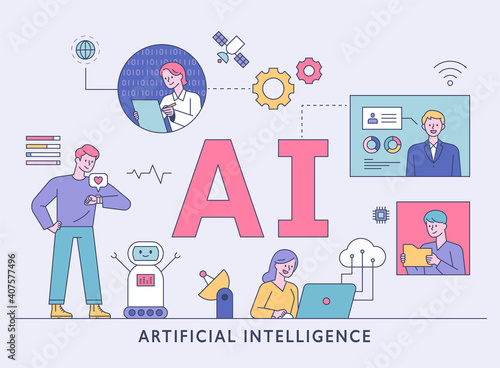 Artificial intelligence lifestyle. Users and scientists exchange information around AI characters. flat design style minimal vector illustration.