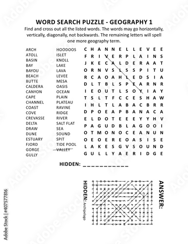 Geography terms (landforms) word search puzzle (suitable both for schoolchildren and adults). Answer included.
