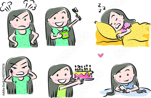 vector drawing beauty with longhair emoji set