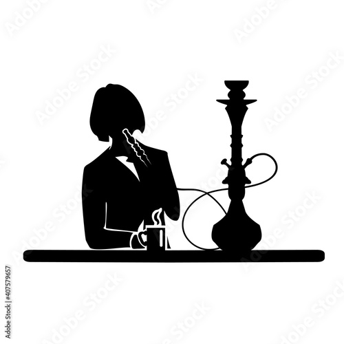 Business lady, silhouette of a woman in a suit resting at the table with oriental hookah. Relaxed abstract person in relaxation or leisure theme design. Businesswoman. Vector illustration.