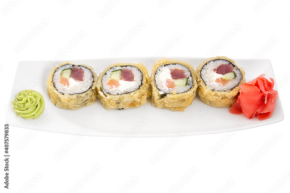 Japan baked sushi rolls on a white plate isolated on a white background. Restaurant serving concept.