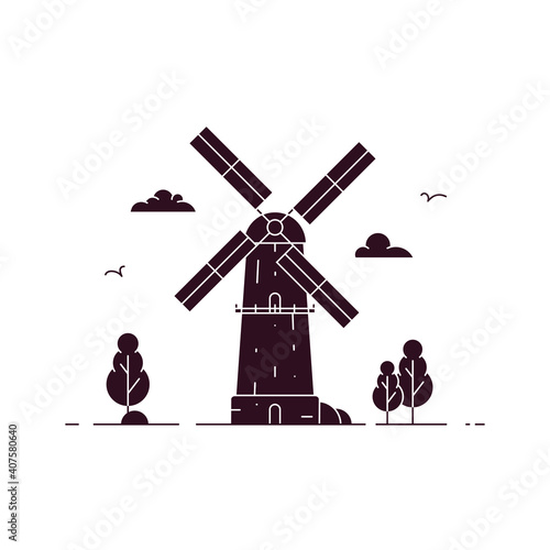 Windmill with birds, trees and clouds. Flour mill with millstones grinds grain. Grain processing. Flat outline vector illustration isolated