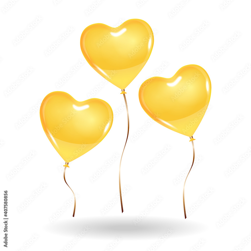 3 heart shaped gold yellow color balloons. Isolated on white background with shadow mockup template object.