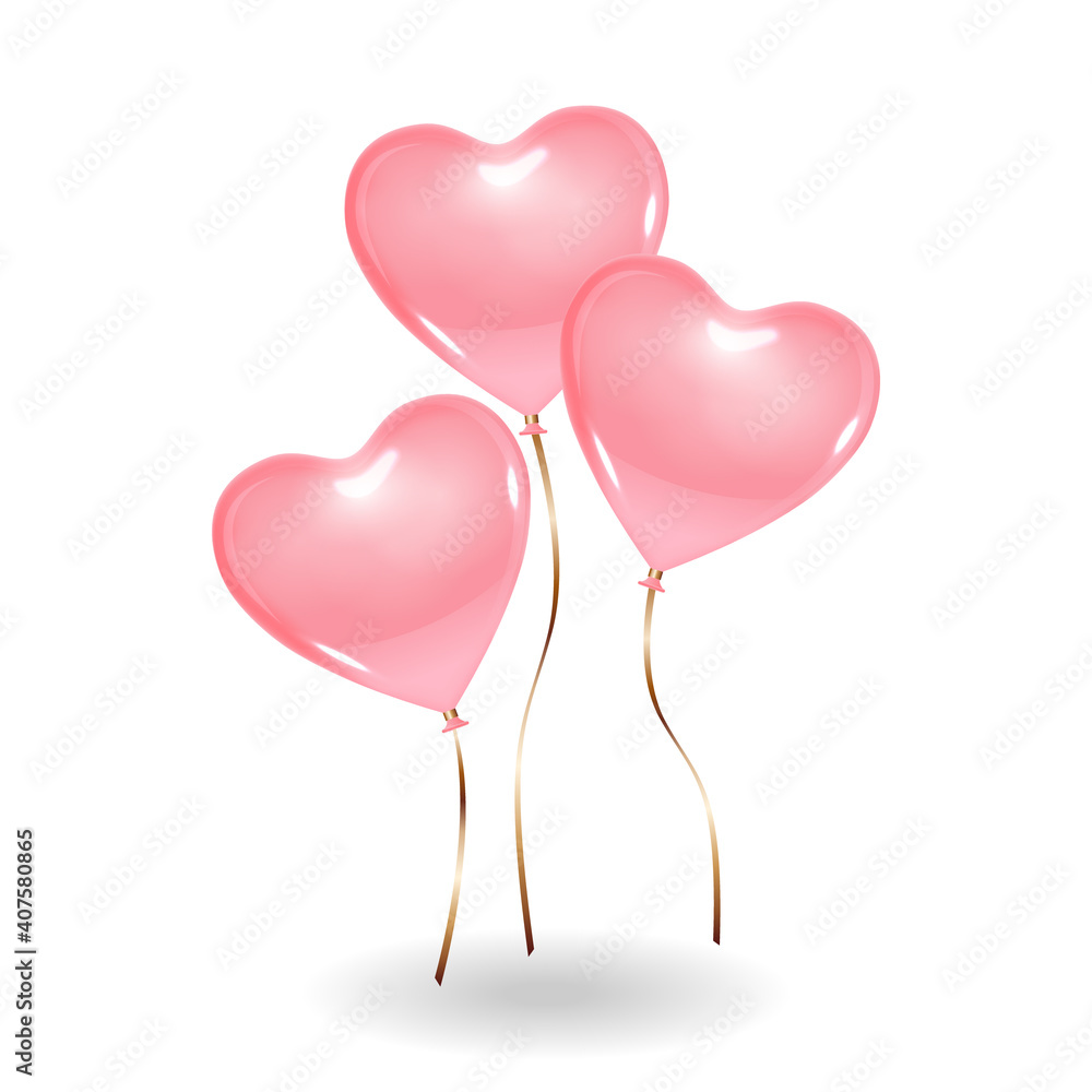 3 heart shaped pink color balloons. Isolated on white background with shadow mockup template object.
