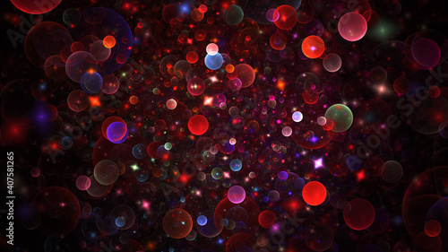 Abstract holiday background with red and blue shiny particles. Fantastic light effect. Digital fractal art. 3d rendering.