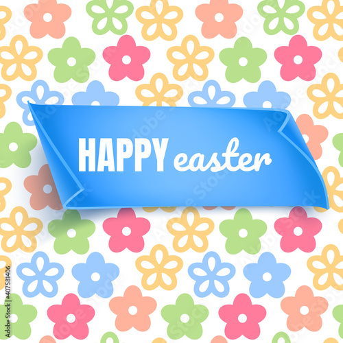 Easter layout, background with colorful flowers on white background. Christian holiday banner or invitation with place for text. Cute spring card template