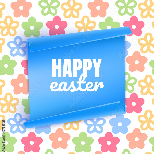 Easter layout, background with colorful flowers on white background. Christian holiday banner or invitation with place for text. Cute spring card template